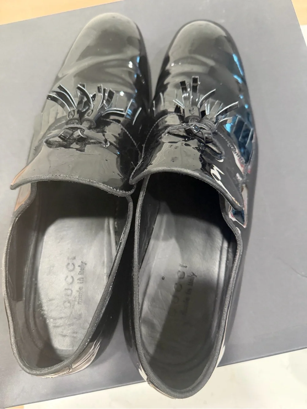 Gucci Black Patent Leather Tassel Fringe Loafers